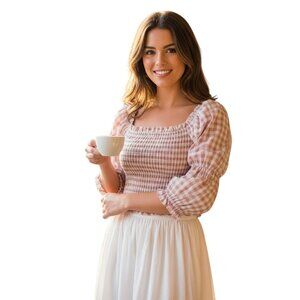 Mi Ami Pink Gingham Bishop Sleeve Smocked Blouse Size XL